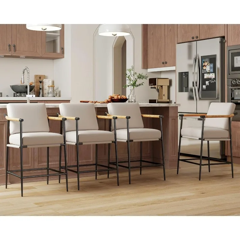

25.75 Inches Bar Stools Set of 4 with Back and Wooden Arms, Beige Linen Counter Height Barstools with Removable Cushion Covers,