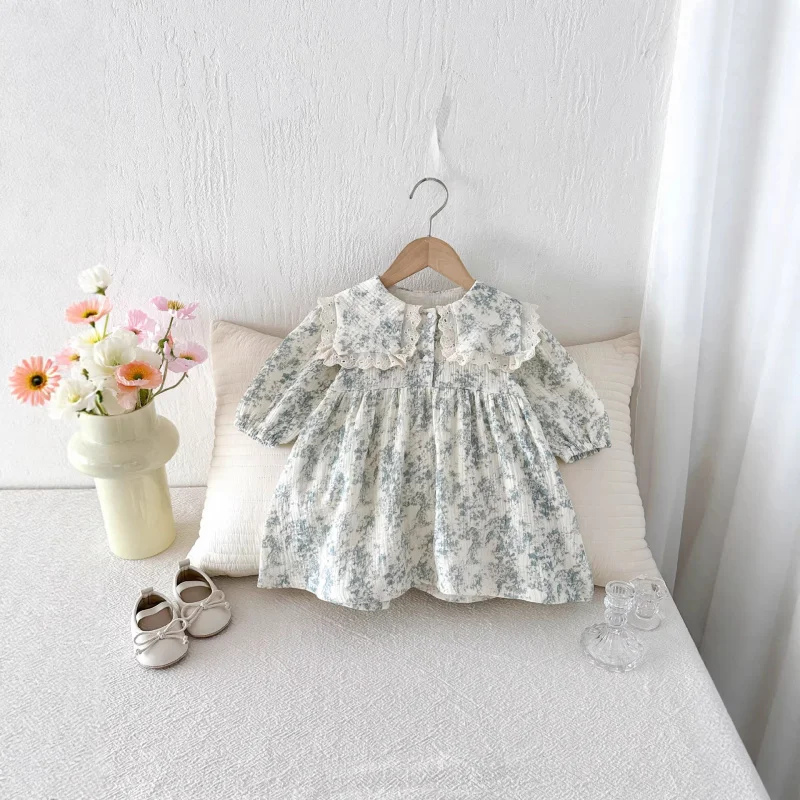 

Korean children's clothing 26Spring new style girls' fashionable floral doll collar long-sleeve shirt dress