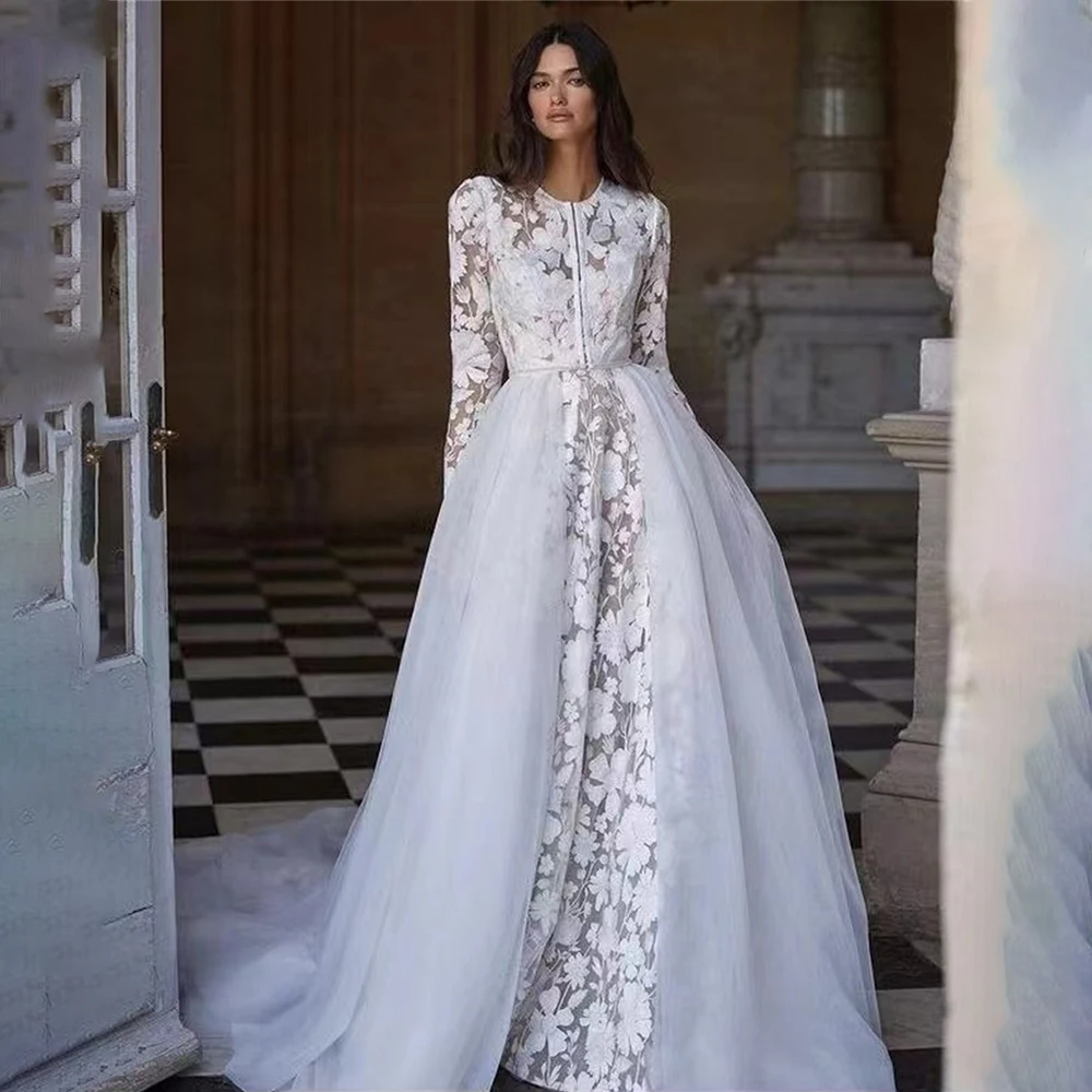 

Elegant Vintage Wedding Dress Bride Dress Long Sleeve Lace Applique A-line Bridal Gown Formal Romantic Bridal Dress Customized
