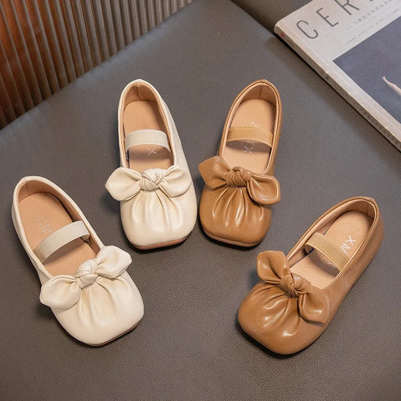 Zapatos de cuero para niñas, zapatos de princesa con lazo, Cabeza Cuadrada, banda elástica, planos, fiesta de boda