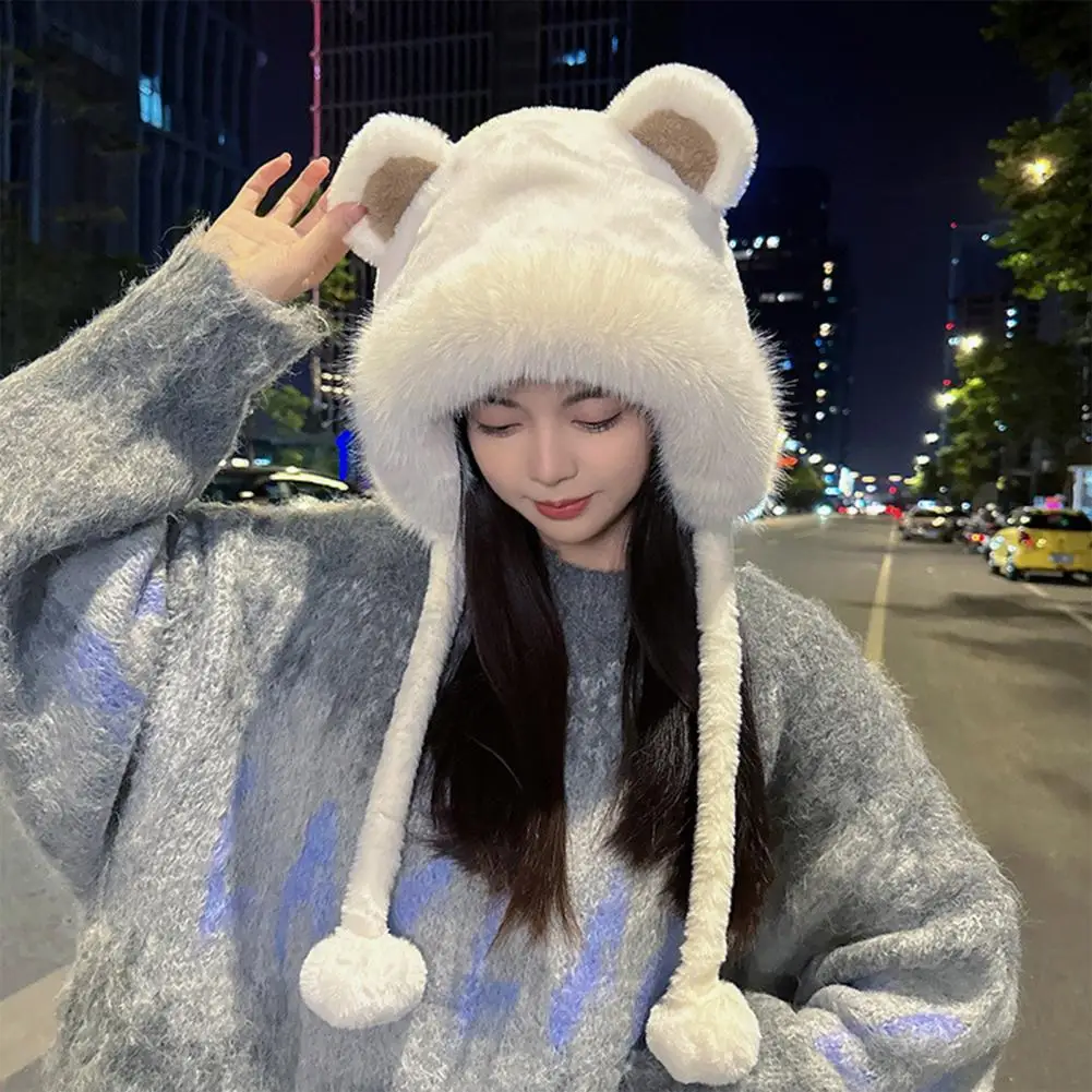 Ear-protecting Cycling Hat Soft Fuzzy Women's Plush Hat with Cute Bear Ears Windproof Warm Stylish Outdoor for Autumn for Girls