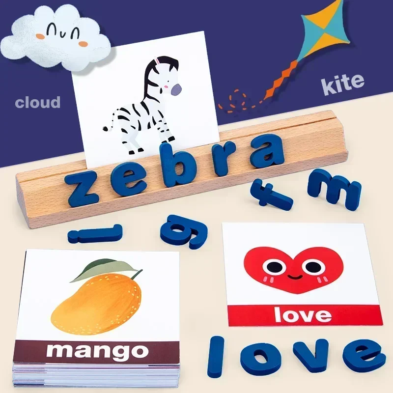 Wooden Toy Letters Match English Spelling Words Family Baby Early Education Montessori Toy Alphabet Puzzle Table Game