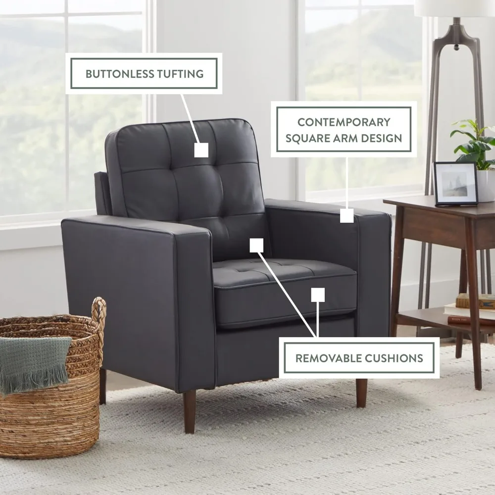 Upholstered Accent Chair,Mid-Century Modern Design,Armchair,Buttonless Tufting,Solid Frame,Black Faux Leather,Living Room Chairs image 2