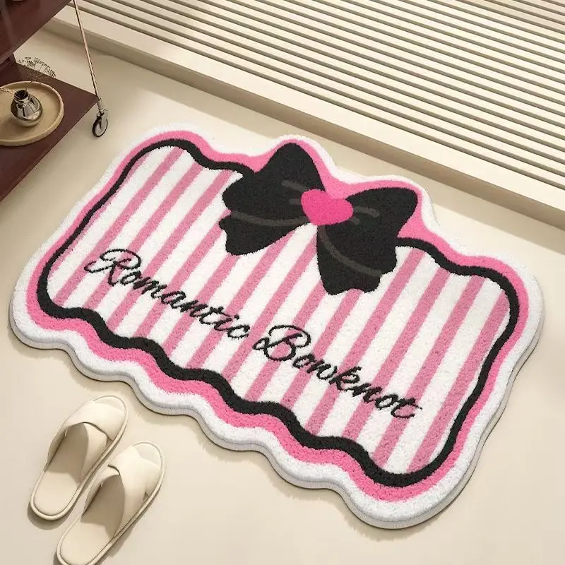 Imitation cashmere bow stripe wave point floor mat, bathroom absorbent anti slip mat, toilet door foot mat, bathroom carpet