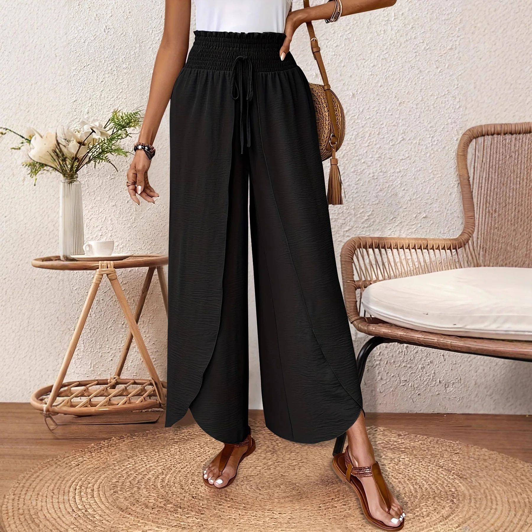 Women's Boho Split Front Wide Leg Pants Smocked Elastic Waist Drawstring Palazzo Trousers