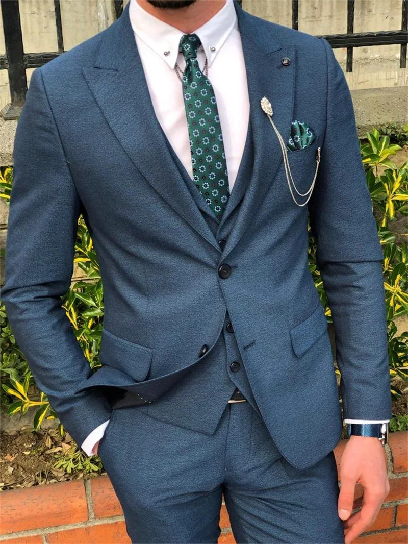 2024 Elegant Blue Casual Men Suit Groom Tuxedo Slim Fit Blazer Hombre High Quality Business Custom 3 Piece Set Jacket Vest Pants