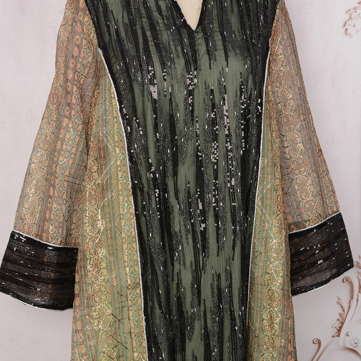 Ramadan Eid Evening Party Events Women Midi Arabic Dress Jalabiya Dubai Gulf Dresses-Silver Piping, All-Over Sequins and Print