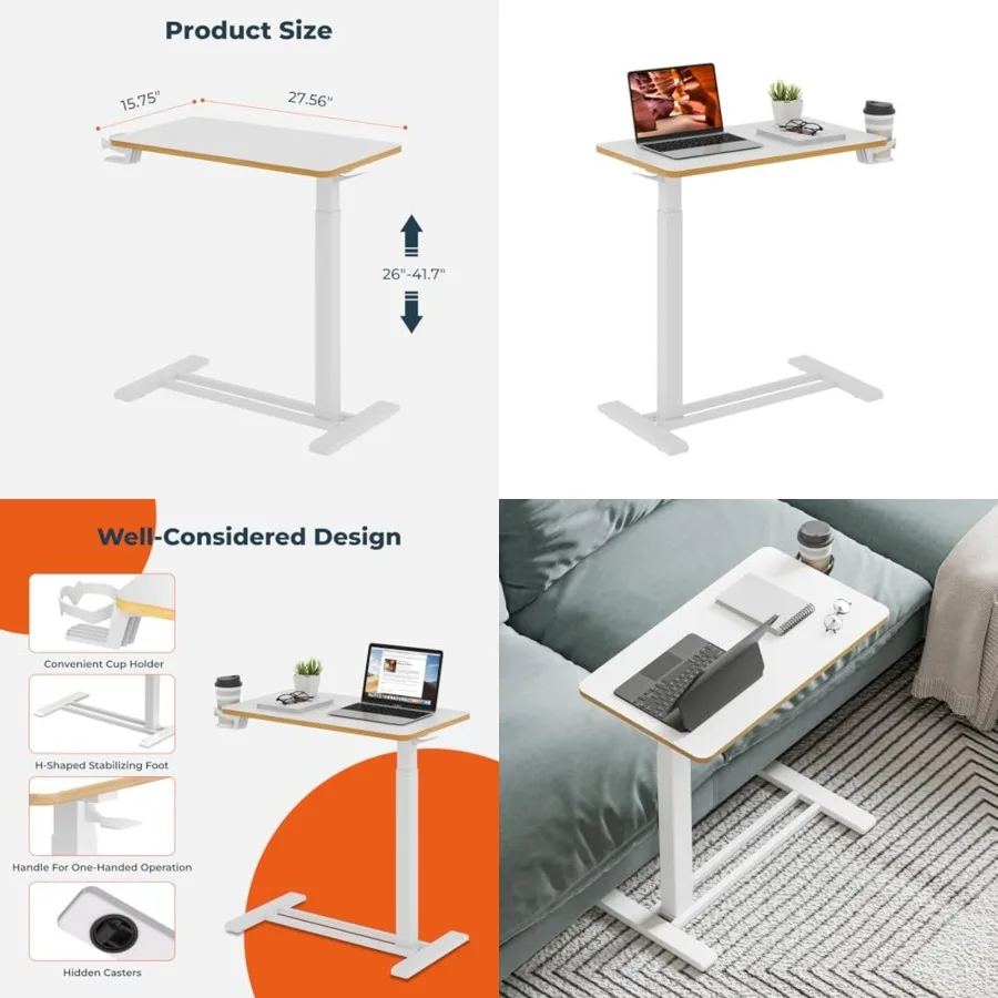 

Medical Overbed Adjustable Bedside Table with Hidden Casters, Pneumatic Mobile Rolling Laptop Standing Desk with Tray for Home