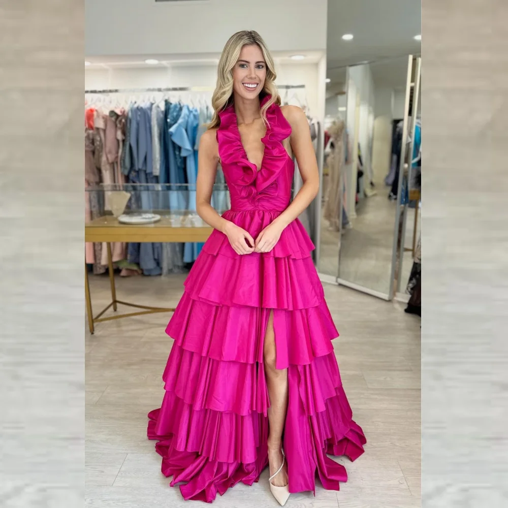 

Customized Jiayigong Satin Tiered Ruched Beach A-line V-neck Bespoke Occasion Gown Long Dresses Saudi Arabia Evening