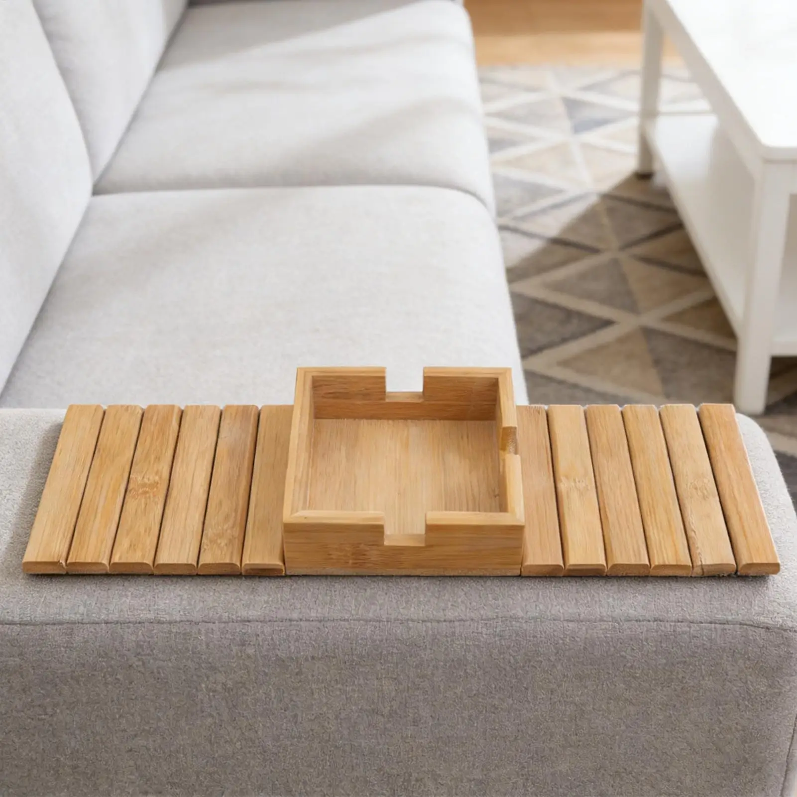 Wooden Couch Armrest Table with Cup Holder Anti-Slip Sofa Arm Tray Snacks Organizer for Living Room Bedroom Couch Protector image 3