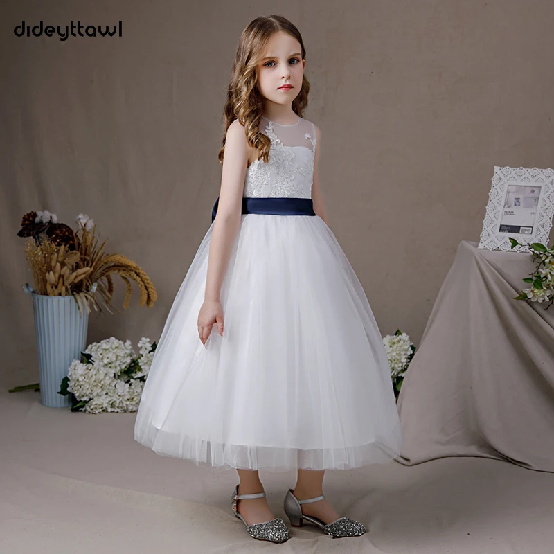 

Dideyttawl Tulle Sleeveless Big Bow Dress For Girls First Communion A Line Kids Birthday Party Junior Bridesmaid Gown White