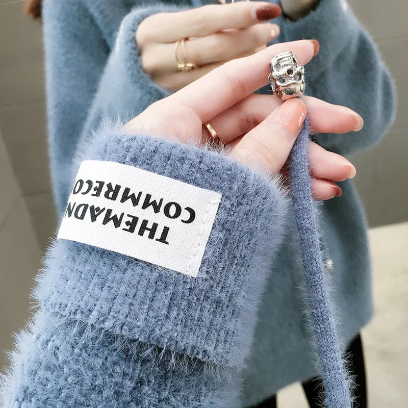 Knitted Hoodies Women 2022 Autumn Winter Korean Long Sleeve Sweater Hooded Sweatshirt Female Pullover Blue Knitwear Fuzzy Tops