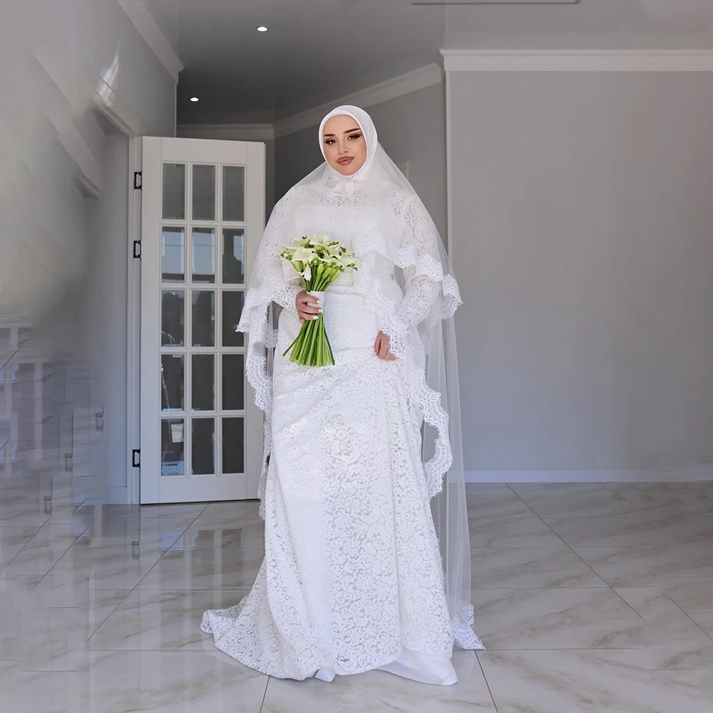 

Luxury Muslim Wedding Dress High Neck Long Sleeve Lace Civil Bride Dress Mermaid Plus Size Bridal Gown Customized robe de mariée