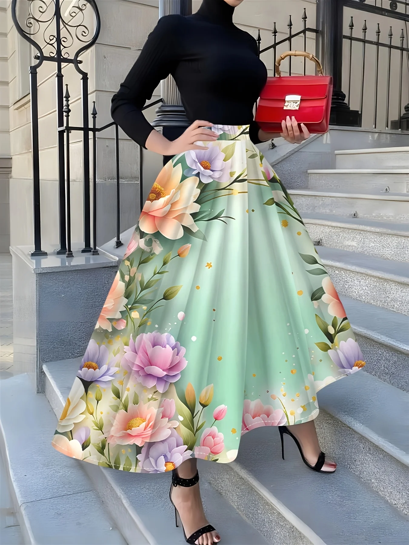 Floral Print Midi Skirt for Women Summer Vacation Style Pink A Line Skirt High Waist Elastic Waist Skirt Casual Office Wear