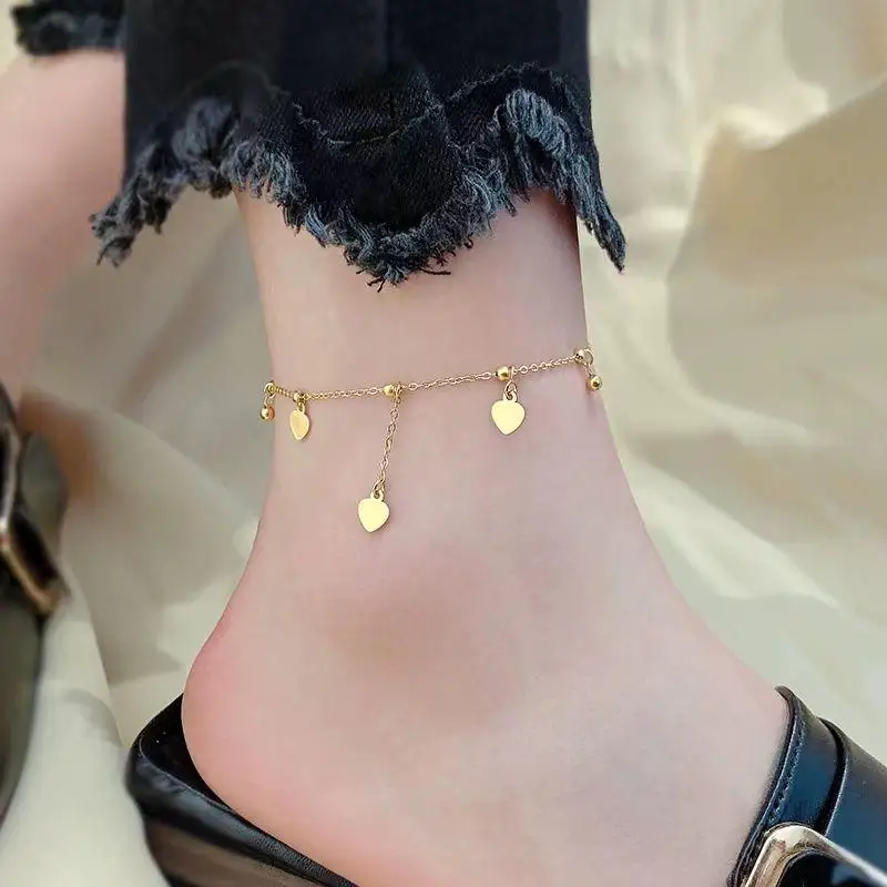 Cute Romance Gold Color Stainless Steel Lucky Heart Long Pendant Anklets for Women New Sexy Charm Summer Beach Foot Jewelry Gift