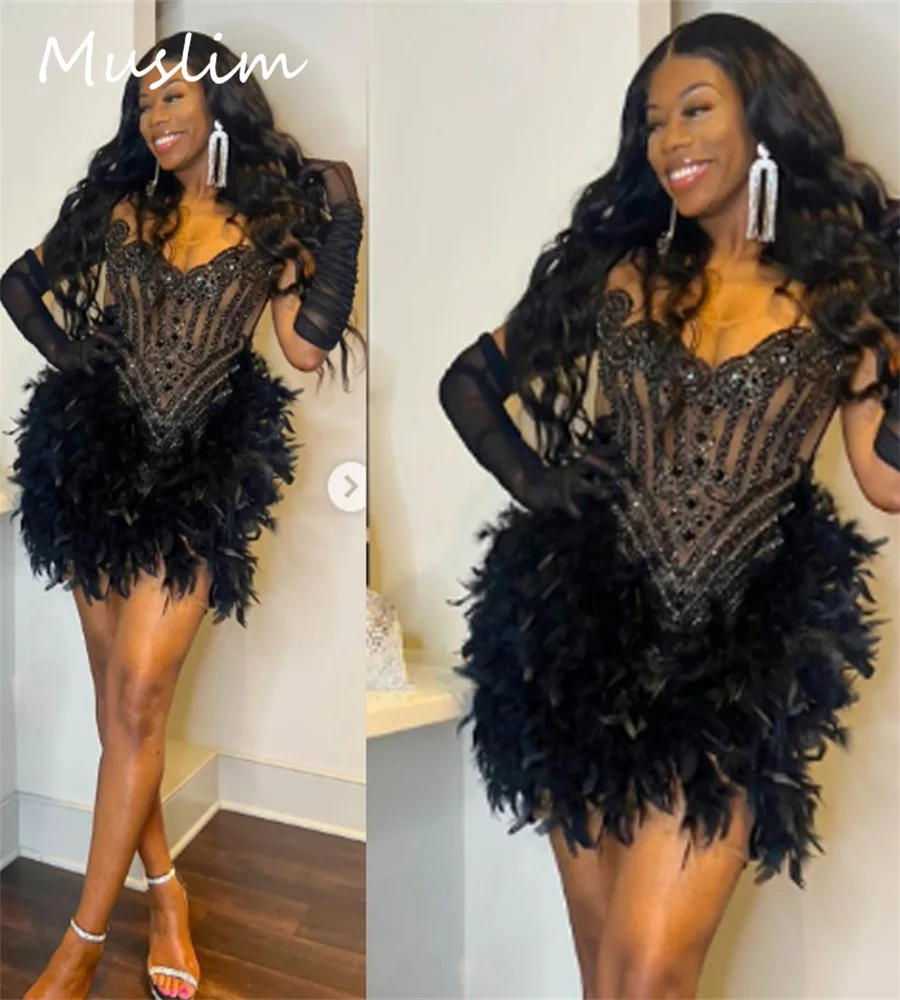 Sexy Black Baddie Prom Dresses With Feather Beaded Crystal Short Evening Dress Black Girls Cocktail Birthday Party Customized