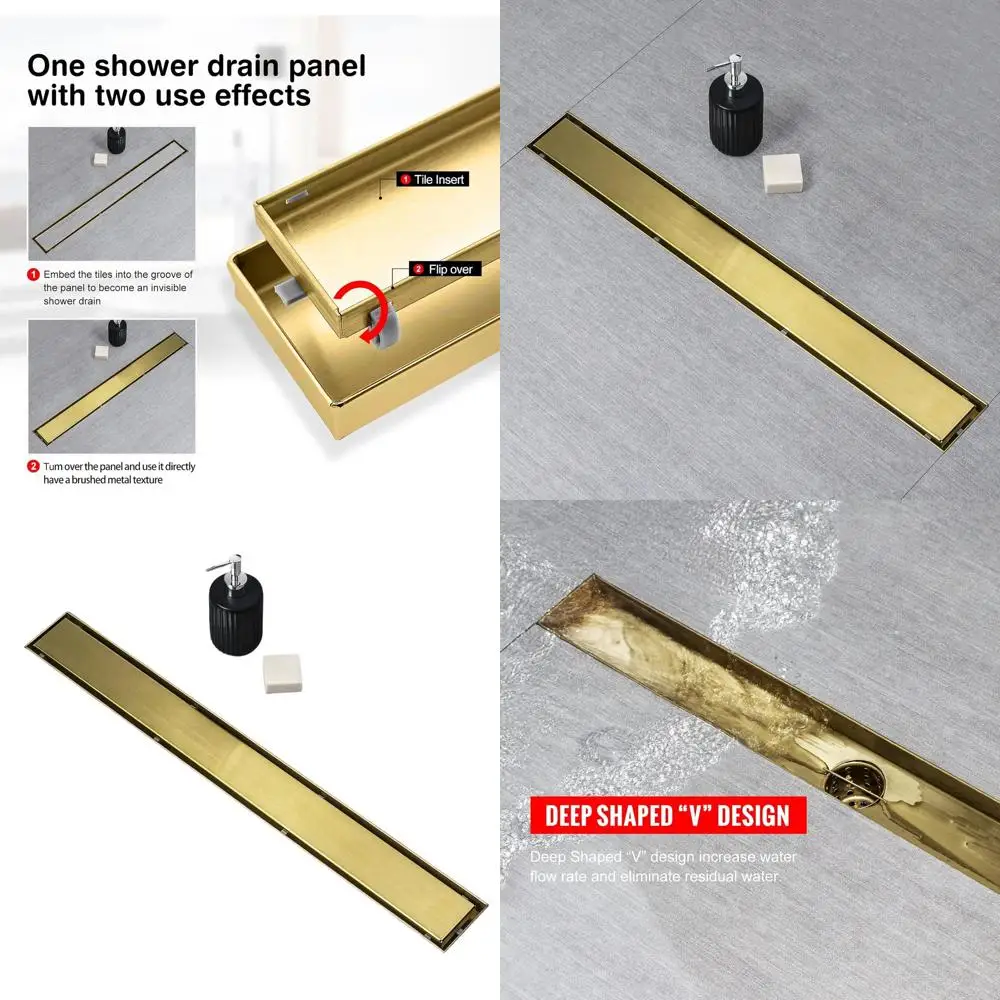 

18 Brushed Gold Linear Shower Drain with 2-in-1 Tile Insert, 304 Stainless Steel, Hair Strainer & Leveling Feet