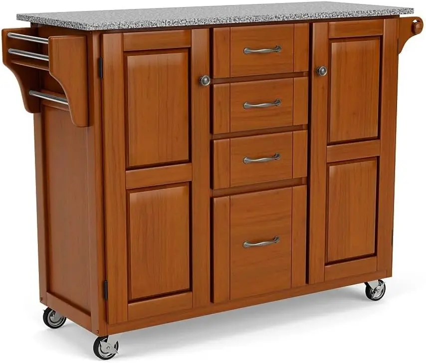 Large Mobile Create-a-Cart Warm Oak Finish Two Door Cabinet Kitchen Cart with Salt and Pepper Granite Top