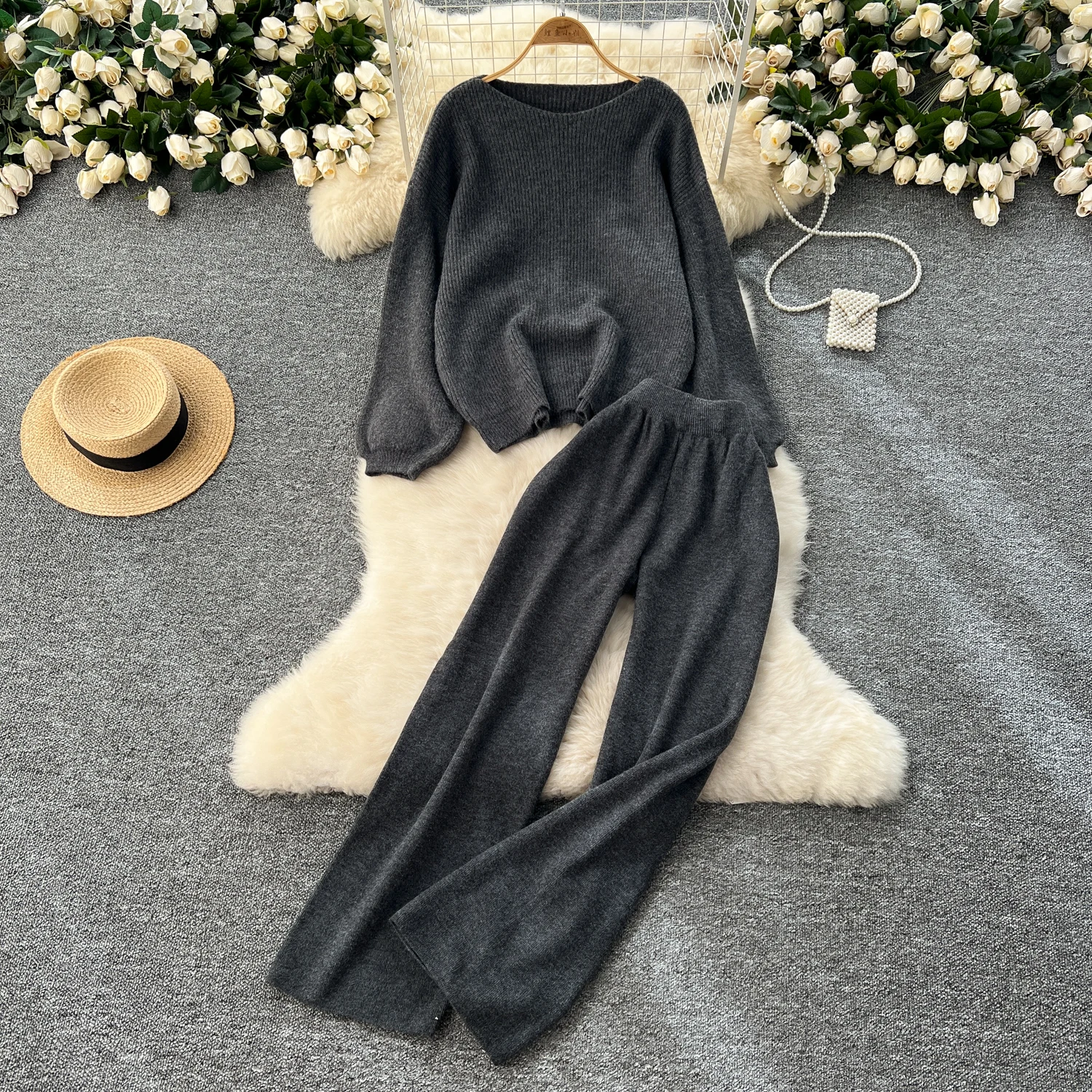 Knit tracksuits for women soft warm sweater+pant 2 pieces sets solid slash neck knitting pants casual suit outfits pullovers+