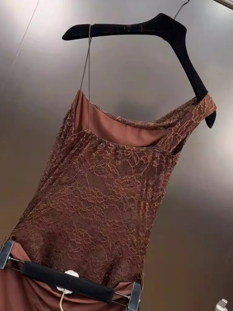 DFDG レディース 2025 春夏 レトロ レース セクシー ドレス オフショルダー アシンメトリー フェイクツーピース カットアウト スプリット Y2K セクシー ドレス