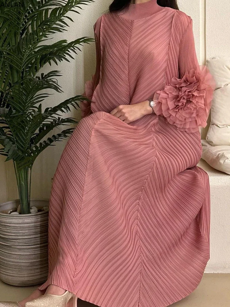 

ANLAN Miyake Pleated Maxi Long Dress Mesh Petal Sleeve Half Turtleneck Formal Dresses for Women 2024 New Hot Sales 6KK9927