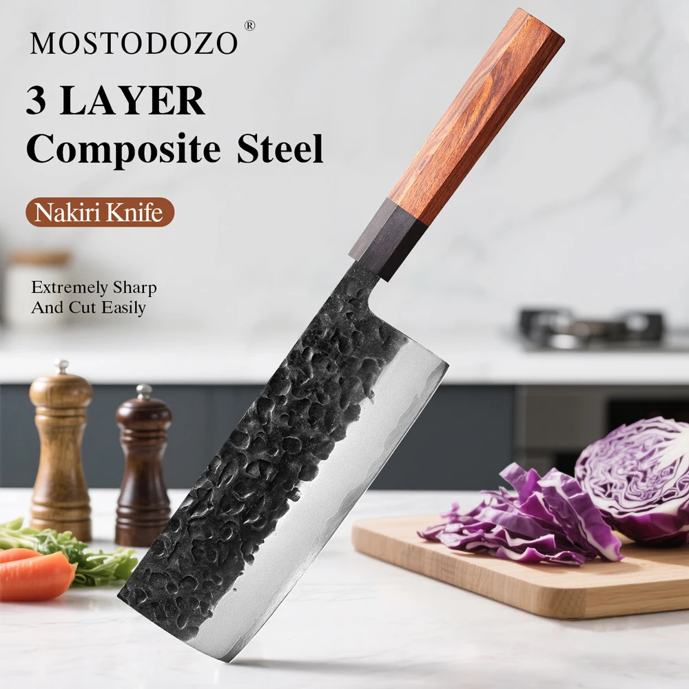 MOSTODOZO 7-Zoll Japanisches Nakiri Kochmesser aus 3-lagigem Verbundstahl, Professionelles Küchenmesser, Handgefertigte Kochutensilien
