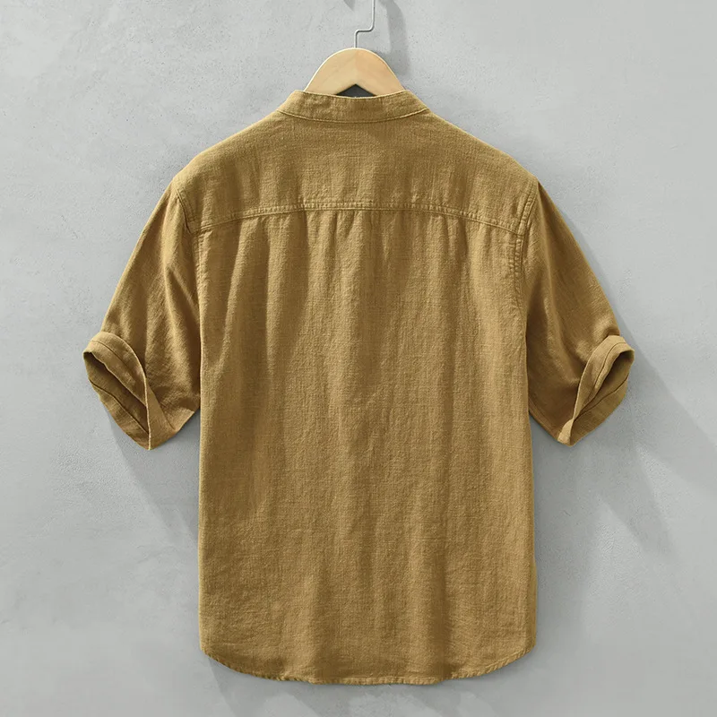 Summer Casual Short Sleeve Cotton Linen Shirts for Men Retro Japanese Style Stand Collar Pullover Mens Shirts Camisas
