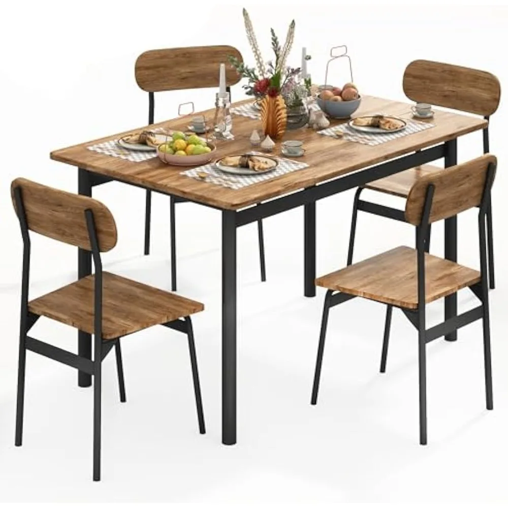 

Kitchen Dining Table Set for 4, Modern Rectangular 5 Piece Dining Room Table and Chairs Set, Brown Wooden Metal Table Set for Fa