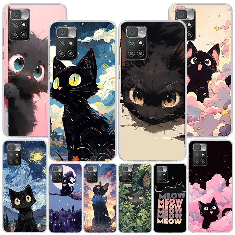 Anime Cute Black Cat Meow Phone Case For Xiaomi Redmi 12 12C 10 10C 10A 9 9A 9C 9T 8 8A 7 7A 6 Pro 6A K70 K60 K40 K20 S2 Print C