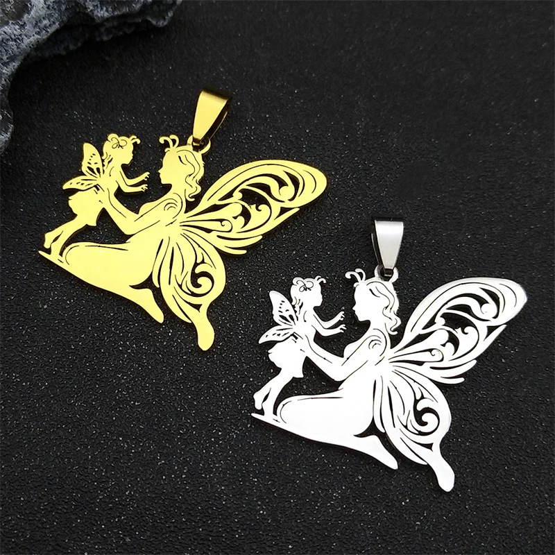 3Pcs Angel Mother Children Pendants For Women Men Stainless Steel Gold Color Mom Girl Hollow Charms Jewelry Gift