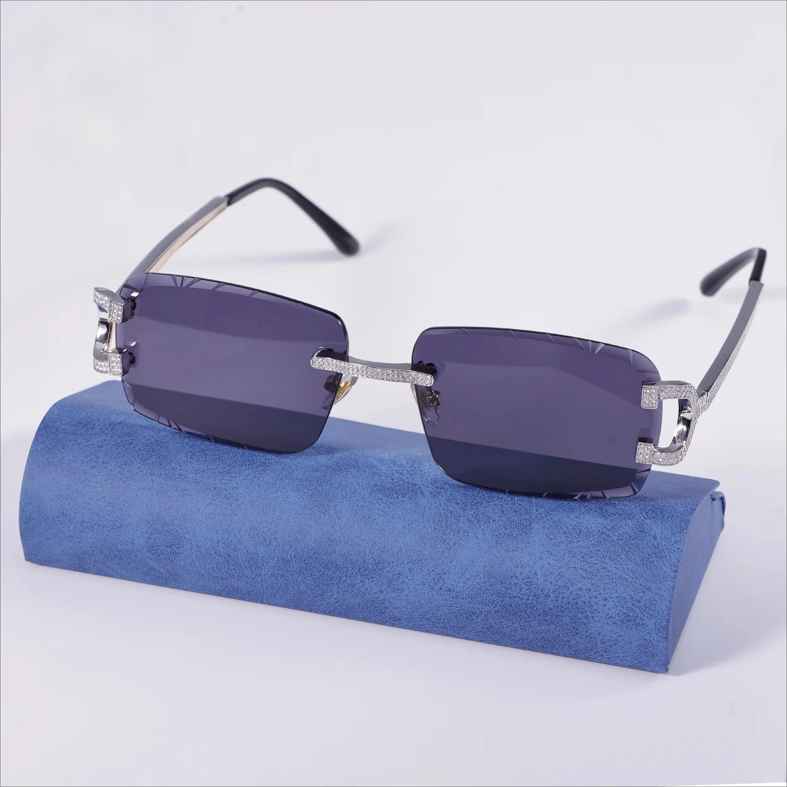 Fashion Summer Accessory Rimless Ice Crystal Moissanite Sunglasses Rectangular Frame 925 Silver VVS Moissanite Glasses Unisex