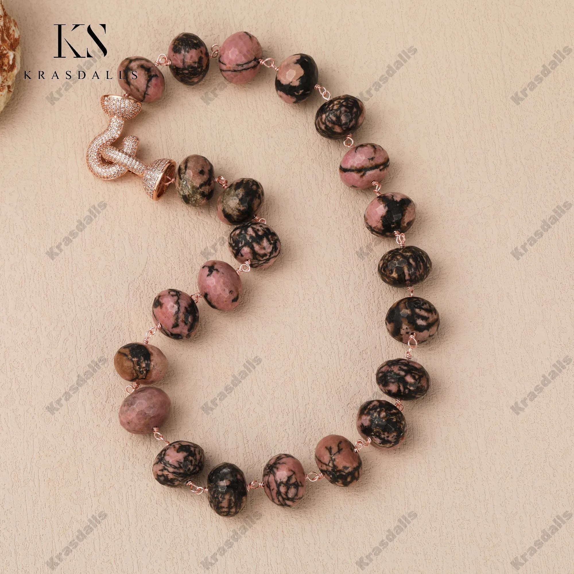 18mm Black Rhodonite Abacus Beads Statement Fashionable Hand-Wrapped Copper Rose Gold Plated Chain Flimsy Setting Parties