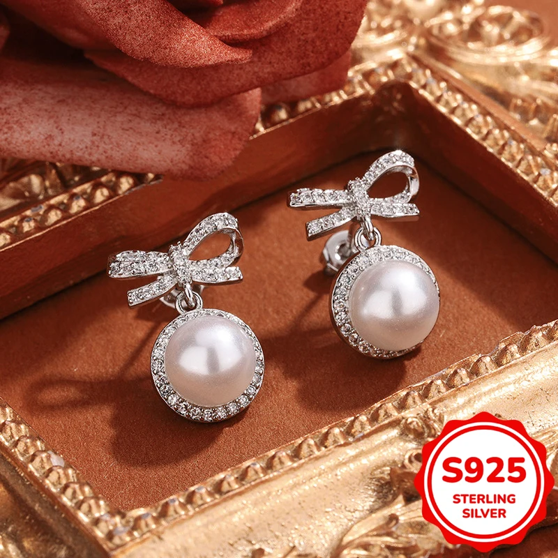 

Classic Authentic S925 Sterling Silver Bow Pearl Earrings for Women Hypoallergenic Engagement Gift Jewelry Wholesale