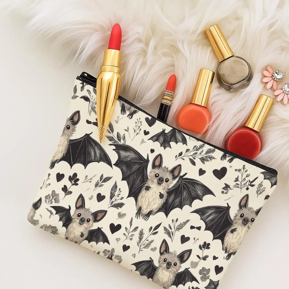 1pc Adorable Gothic - Bat Design Black And White Fun Makeup Bag - Zippered Multi-Purpose Travel Toiletry Organizer