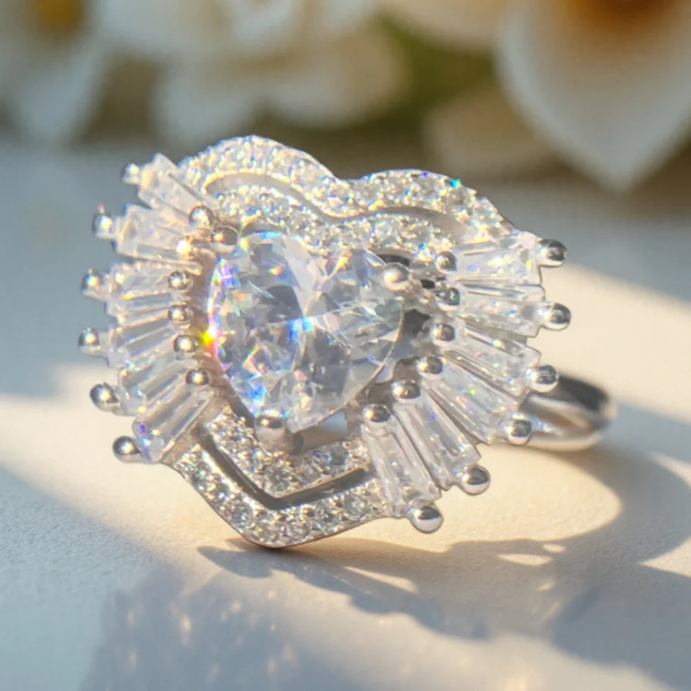 1 Pc Shiny Heart Ladies Fashion Flower Cube Zirconia Ring Bohemian Ring Ladies Wedding Party Banquet Cocktail Ring High Fine Jewelry Ladies Everyday Jewelry Girls Fashion Items Good and Cheap Gift for The Girl