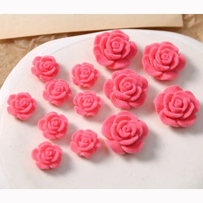 Sweet Pink Color Winter Wool Felt Velvet Resin Rose Camellia Flowers Flatback Resin Cabochons Floral Cameo Patch 15mm 23mm 80pcs