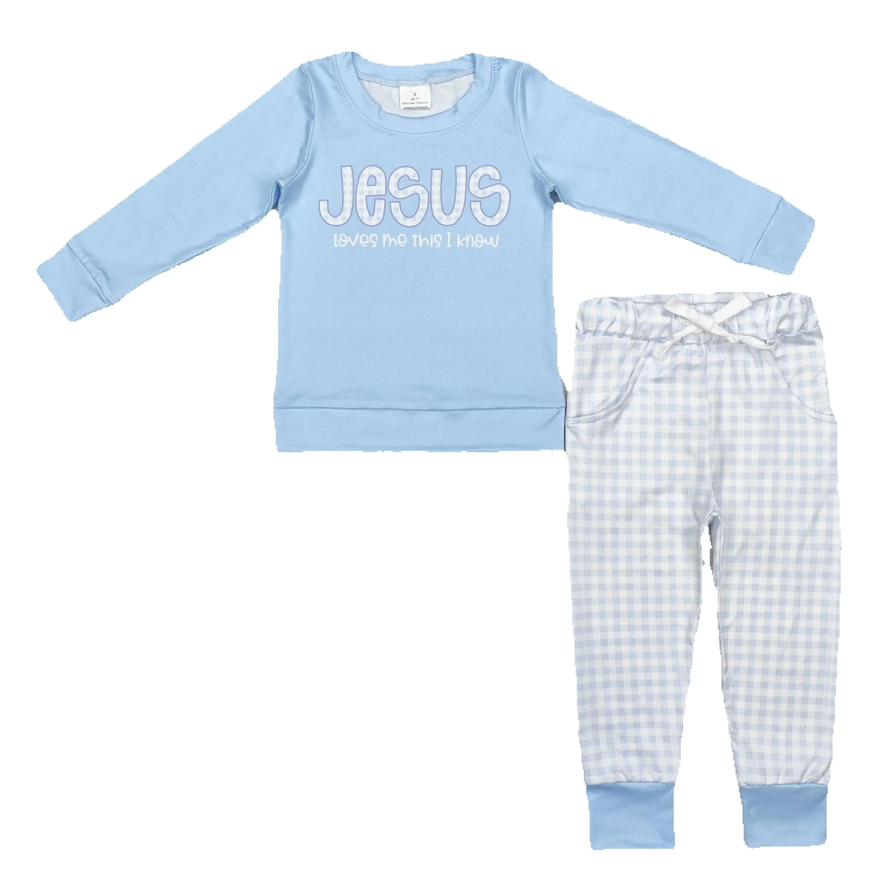 

New RTS boys fall blue suit wholesale boutique jesus love me top plaid baby boys set