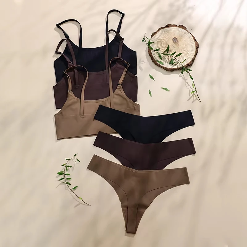 High Quality Latest Design Stylish Solid Ice Silk Seamless Wireless Bras And Women Underwear Set
