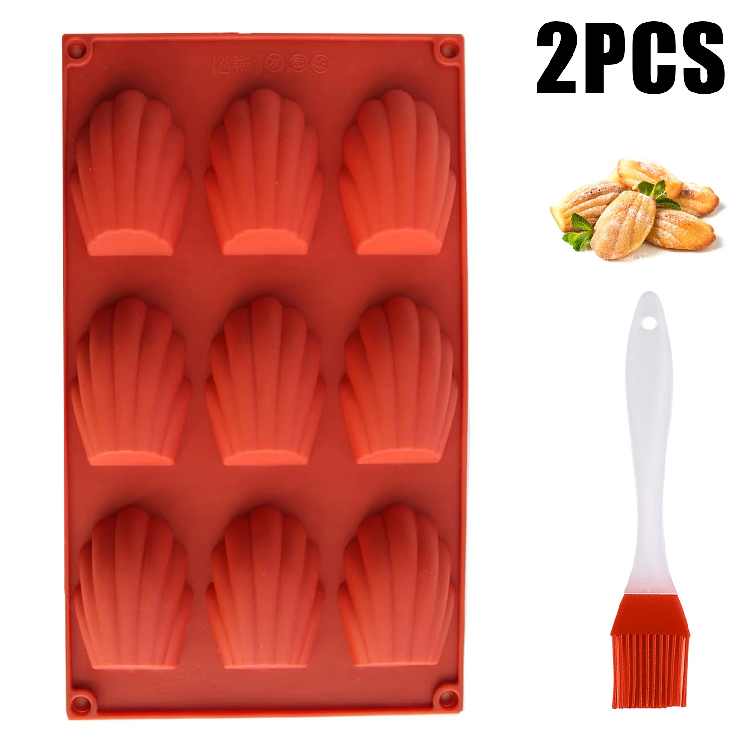 2-teilige Silikon-Madeleine-Form, antihaftbeschichtet, 9 Mulden, wiederverwendbare Schale, Madeleine-Form mit Pinsel für Kekse, Schokoladen, Pudding