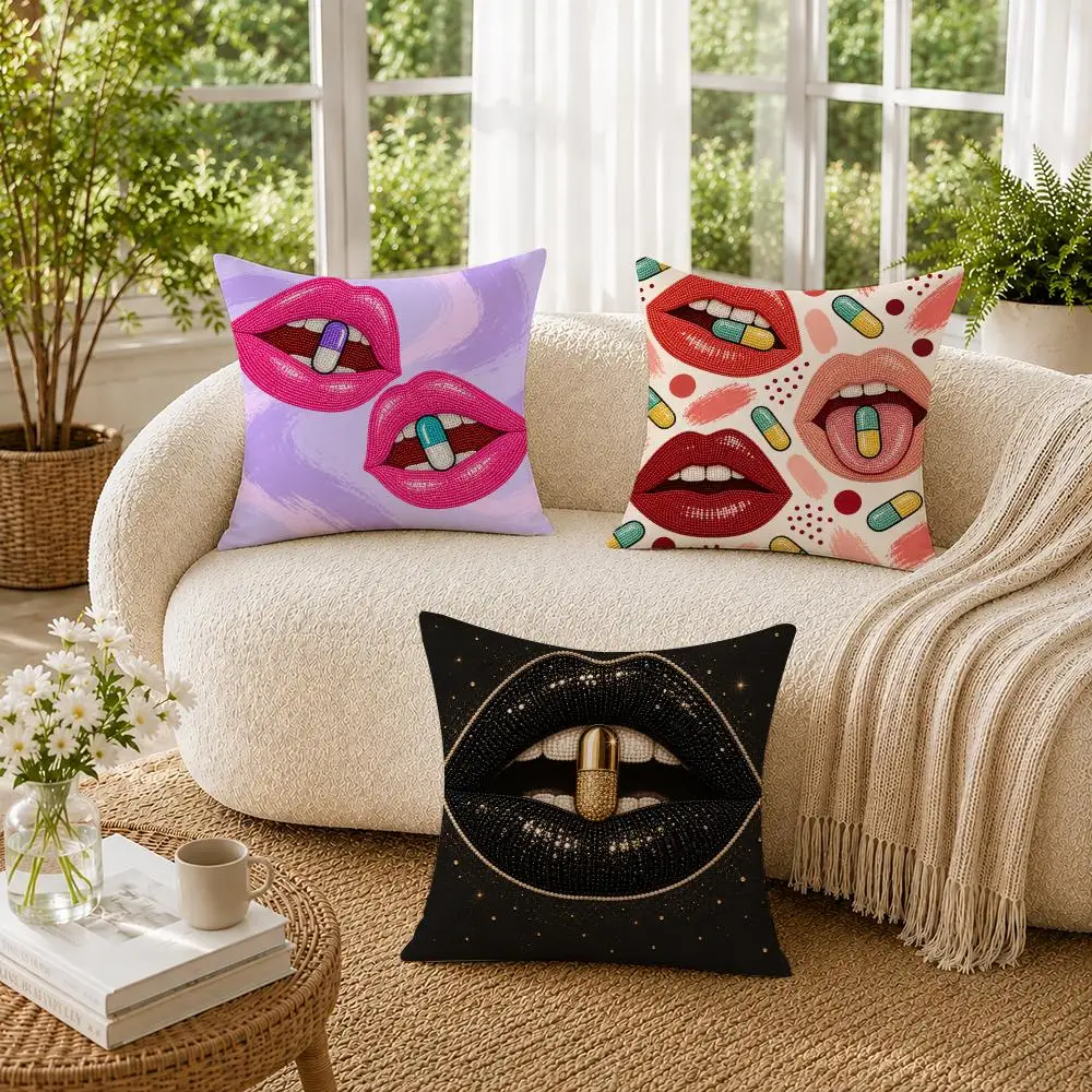 Chill Pill Lips Pop Art Cushion Cover Soft Short Plush Pillow Cases Hidden Zipper Cutecore Sofa Bedroom Home Decor Gift