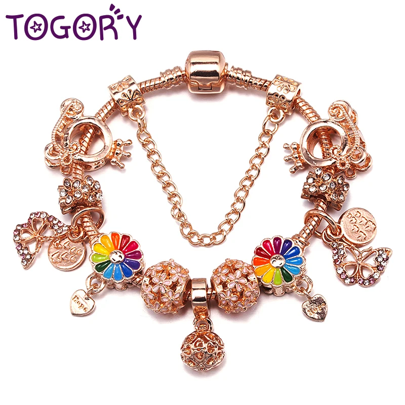 Pulsera con dijes de oro rosa para mujer, pintura al óleo, molino de viento, colgante de mariposa, cadena de serpiente DIY, joyería, triangulación de envíos
