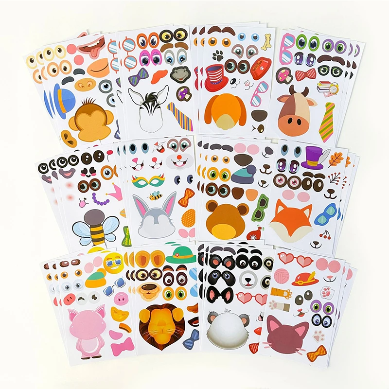 24Sheet/Set Cartoon Animal Face Assemble Jigsaw Sticker Adhesive Changeable Face Animal Mermaid Reward Sticker Gift Boy Girl ZYF