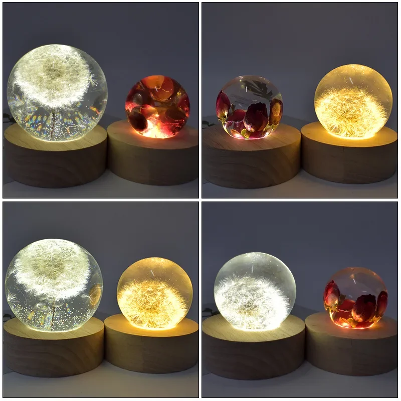 Round Wooden LED Light Lighted Base Epoxy Resin Mold Silicone 3D Ball Shape Crystal DIY Crafts For Home Resin Art Ornament