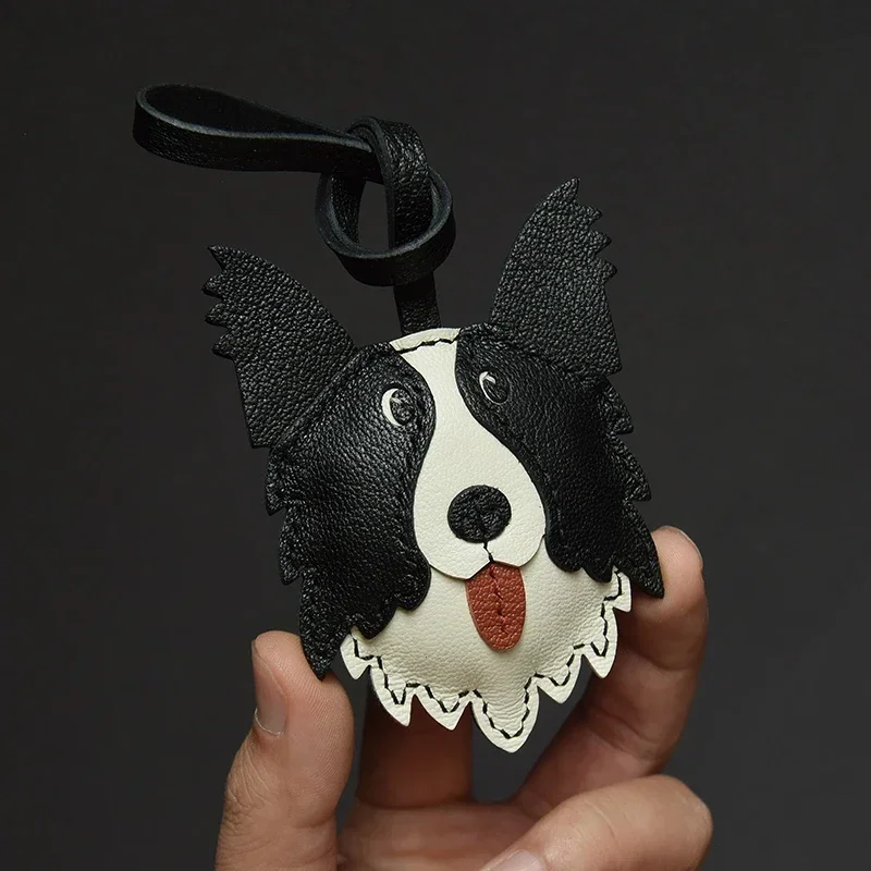 Handmade Leather Border Collie Bag Charm Key Chain Key Ring for Christmas and New Year gifts