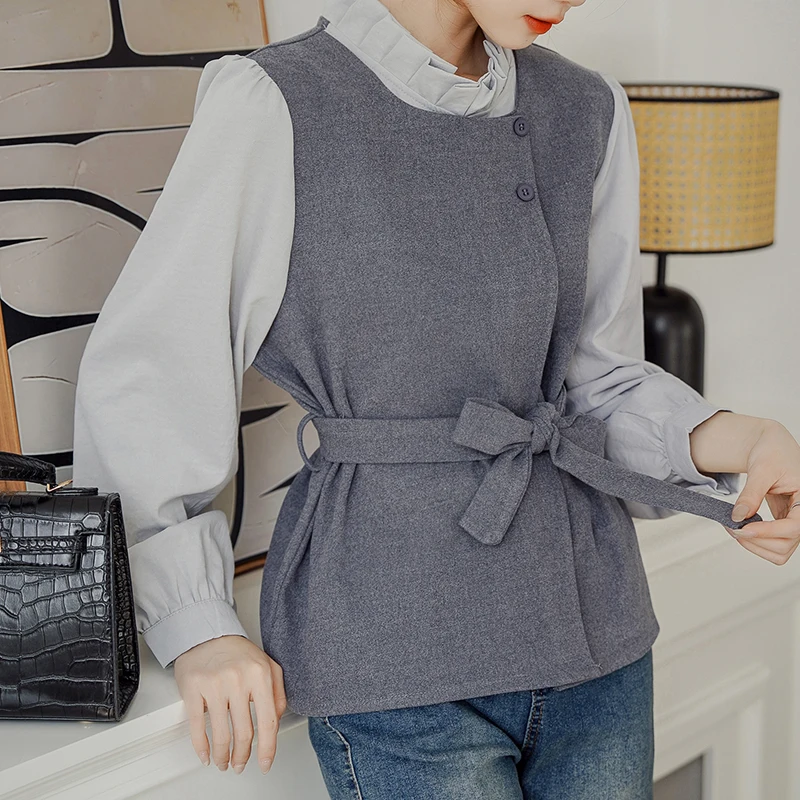 Elegant Fashion Ruffles Collar Women Blouse Contrasting Color Fake Two-Piece Shirt Slim Long Sleeve Office Lady Casual Tops