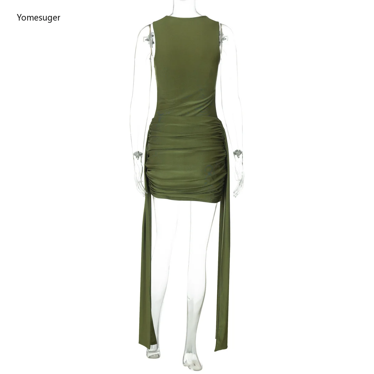 Yomesugar 우아한 러치드 바디콘 드레스 여성 힙스터 섹시한 로우컷 민소매 사이드 리본 스키니 베스티도스 생일 파티 클럽웨어