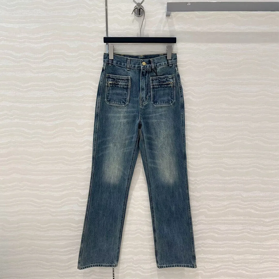 Spring Fashion Design Washed Blue Straight Jeans Women High Waist Gold Button Zipper Pockets Vintage Denim Pants