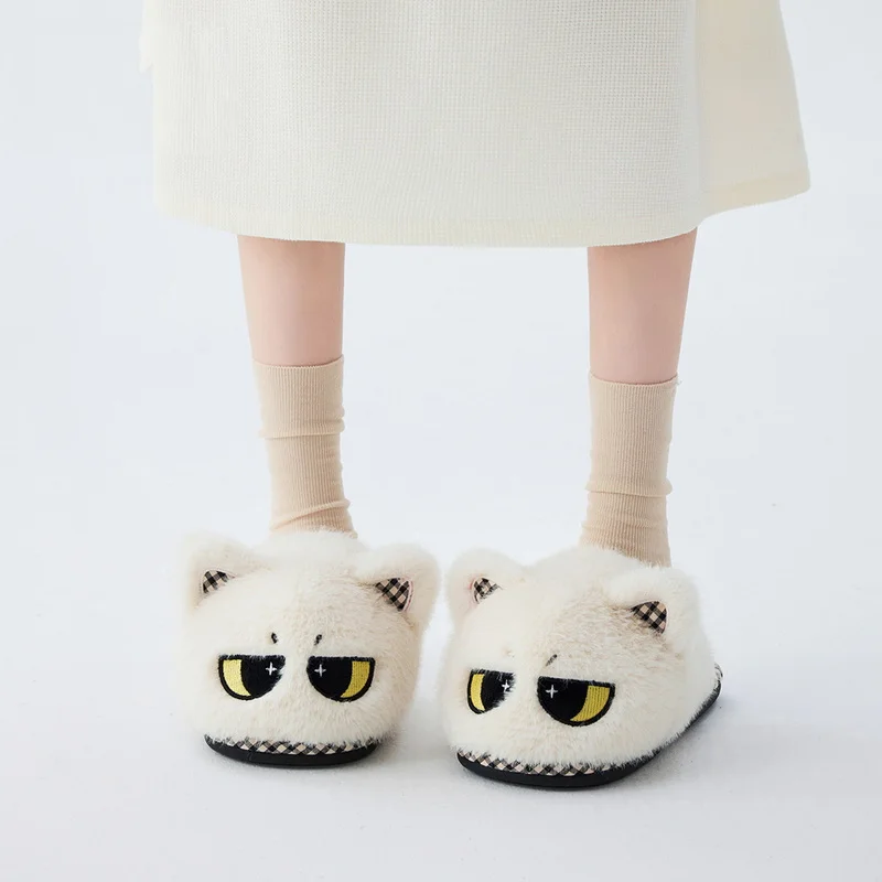 Kawaii Starry Eyes Cat Fuzzy Slippers Home Shoes Women Winter Plush House Slippers Woman Animal Indoor Mules Bedroom Slides Shoe