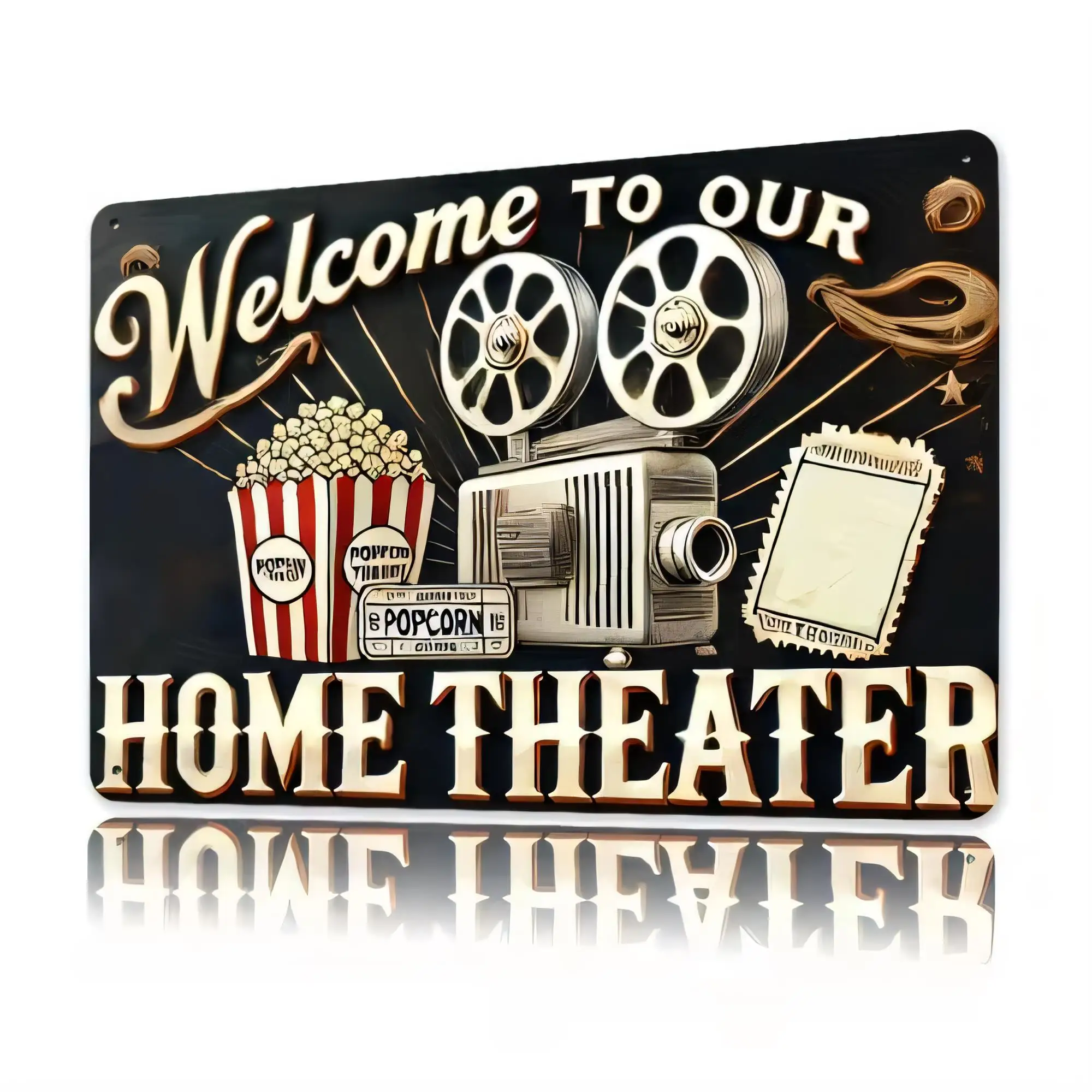 Tin Sign Movie Theater Welcome To Our Home Theater Vintage Film Projector Popcorn Decor Metal Sign for Home Bar Wall Art Retro E
