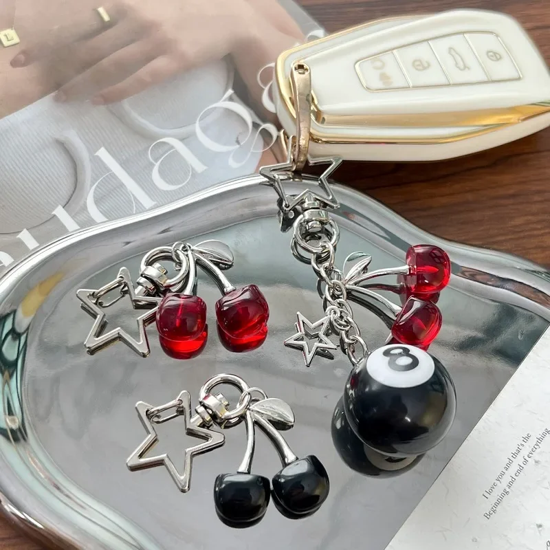 Creative 8 Ball Fruit Cherry Star Keychain Kawaii for Women Y2K Handmade Key Strap Wallet Keyrings Bag Pendant Accessories